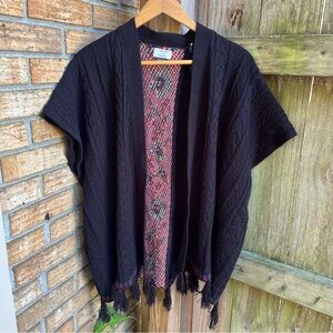David and Young Black Poncho with Red Pattern and Tassels
